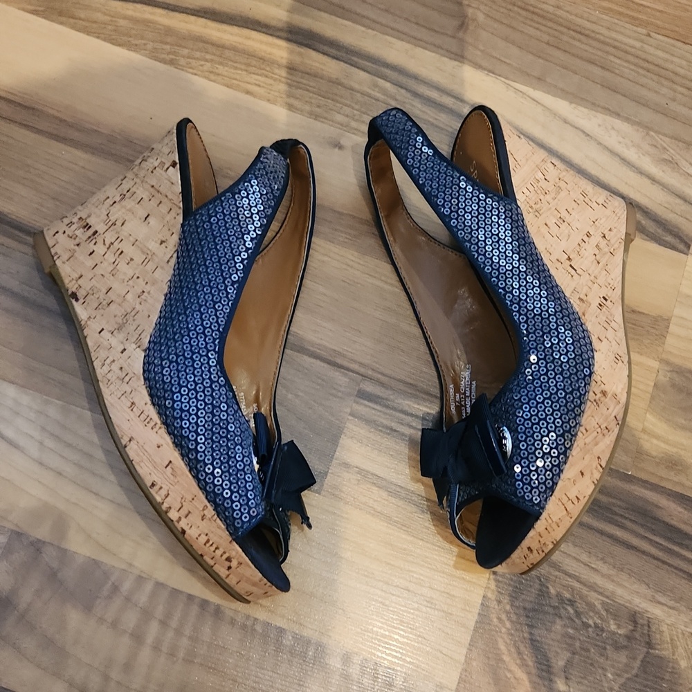 Sperry Navy Sequin Slingback Cork Wedges with Bow - Picture 3 of 12